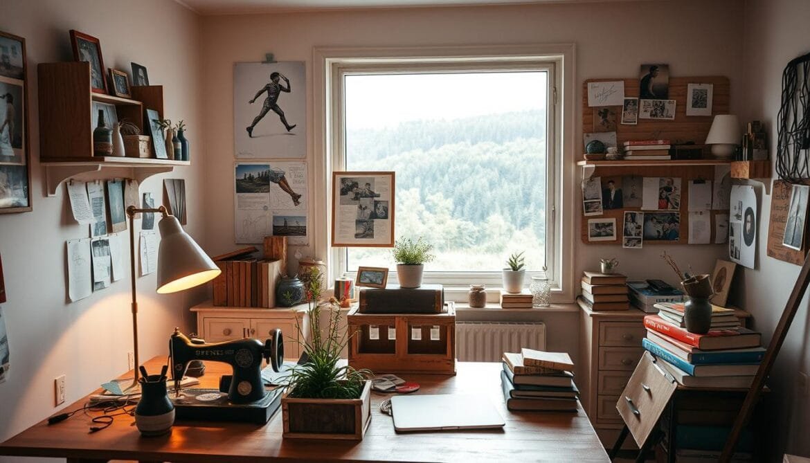 A cozy, well-lit workspace showcasing various upcycling projects and inspiration. In the foreground, a table displays a diverse array of repurposed items, such as a vintage sewing machine transformed into a lamp, a rustic wooden crate turned into a planter, and a stack of old books reimagined as a decorative centerpiece. In the middle ground, shelves and pinboards display inspiring images, sketches, and collages, highlighting creative ideas for breathing new life into discarded materials. The background features a large window overlooking a lush, natural landscape, creating a serene and tranquil atmosphere that encourages mindful exploration of upcycling possibilities. Soft, warm lighting and a clean, minimalist aesthetic evoke a sense of calm and focus, perfect for the "Inspiration finden: Online-Ressourcen und Communities" section. A cozy, well-lit workspace showcasing various upcycling projects and inspiration. In the foreground, a table displays a diverse array of repurposed items, such as a vintage sewing machine transformed into a lamp, a rustic wooden crate turned into a planter, and a stack of old books reimagined as a decorative centerpiece. In the middle ground, shelves and pinboards display inspiring images, sketches, and collages, highlighting creative ideas for breathing new life into discarded materials. The background features a large window overlooking a lush, natural landscape, creating a serene and tranquil atmosphere that encourages mindful exploration of upcycling possibilities. Soft, warm lighting and a clean, minimalist aesthetic evoke a sense of calm and focus, perfect for the "Inspiration finden: Online-Ressourcen und Communities" section.