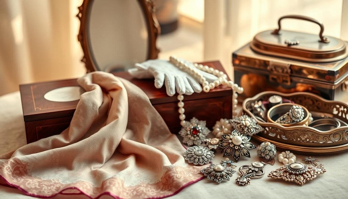 A meticulously crafted still life of vintage accessories, bathed in warm, soft lighting. In the foreground, an elegant silk scarf in a faded floral pattern, draped artfully over a wooden jewelry box inlaid with mother-of-pearl. Next to it, a pair of delicate lace gloves and a string of pearls spilling from an antique mirror frame. The middle ground features a collection of retro-inspired brooches, bracelets, and hair clips, each with intricate filigree and rhinestone detailing. In the background, a vintage hatbox and a tarnished brass vanity tray complete the scene, evoking a sense of timeless, feminine sophistication. Ein sorgfältig gearbeitetes Stillleben mit Vintage-Accessoires, das in warmes, weiches Licht getaucht ist. Im Vordergrund ein eleganter Seidenschal mit verblasstem Blumenmuster, der kunstvoll über einer hölzernen Schmuckschatulle mit Perlmuttintarsien drapiert ist. Daneben ein Paar zarte Spitzenhandschuhe und eine Perlenkette, die aus einem antiken Spiegelrahmen hervorlugt. Im Mittelgrund befindet sich eine Sammlung von Broschen, Armbändern und Haarspangen im Retro-Stil, die alle mit filigranen und strassbesetzten Details versehen sind. Im Hintergrund vervollständigen eine alte Hutschachtel und ein Tablett aus mattiertem Messing die Szene und vermitteln ein Gefühl von zeitloser, femininer Raffinesse.