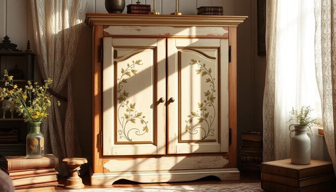 In einem gemütlichen, sonnendurchfluteten Raum steht ein sorgfältig gearbeiteter, recycelter Vintage-Schrank. Der Holzrahmen ist verwittert und beschädigt, die einst leuchtende Farbe ist durch die Zeit aufgeweicht. Die Türen des Schranks sind mit liebevoll handgemalten Blumenmustern verziert, die auf sein früheres Leben hindeuten. Zartes Licht fällt durch die Spitzenvorhänge und wirft einen warmen, nostalgischen Schein auf die Szene. Abgenutzte, in Leder gebundene Bücher, antike Schmuckstücke und eine Vase mit frischen Wildblumen verleihen dem Raum einen Hauch von Wohnlichkeit. Diese harmonische Mischung aus Alt und Neu lädt den Betrachter ein, in eine Welt einzutauchen, in der Vergangenheit und Gegenwart nahtlos ineinander übergehen, und fängt das Wesen der Vintage-Upcycling-Ästhetik ein.