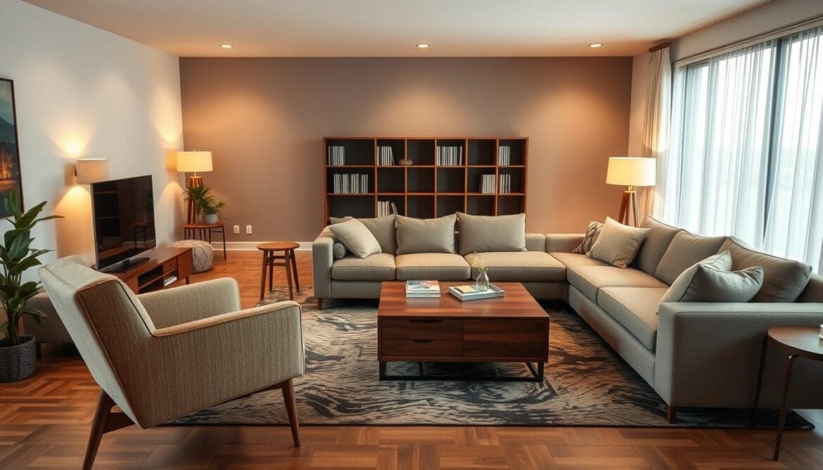 A modern living room with a mix of mid-century and contemporary furniture pieces, showcasing common mistakes in furniture arrangement. In the foreground, a vintage armchair is placed at an awkward angle, disrupting the room's flow. In the middle ground, a large sectional sofa is positioned too close to a chunky coffee table, creating a cramped and cluttered feel. In the background, a sleek bookshelf stands alone, unbalanced by the lack of complementary furniture. Soft, warm lighting illuminates the space, highlighting the clashing styles and poor spatial planning. The overall atmosphere conveys a sense of disharmony and design missteps. Ein modernes Wohnzimmer mit einer Mischung aus Möbeln aus der Mitte des Jahrhunderts und zeitgenössischen Möbeln, in dem häufige Fehler bei der Anordnung von Möbeln zu sehen sind. Im Vordergrund steht ein Vintage-Sessel in einem ungünstigen Winkel und stört den Fluss des Raumes. Im Mittelgrund steht ein großes Sektionssofa zu dicht an einem klobigen Couchtisch, was ein beengtes und überladenes Gefühl erzeugt. Im Hintergrund steht ein schlankes Bücherregal allein, das durch das Fehlen ergänzender Möbel aus dem Gleichgewicht gebracht wird. Weiches, warmes Licht erhellt den Raum und hebt die widersprüchlichen Stile und die schlechte Raumplanung hervor. Die Gesamtatmosphäre vermittelt ein Gefühl von Disharmonie und gestalterischen Fehltritten.