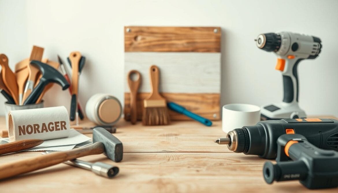 Ein übersichtlicher Tisch mit einer Auswahl an Upcycling-Werkzeugen, darunter ein Hammer, ein Schraubenzieherset, Schleifpapier, Pinsel und eine Bohrmaschine, die alle vor einem sauberen, neutralen Hintergrund angeordnet sind. Die Beleuchtung ist weich und diffus und schafft eine warme, einladende Atmosphäre, die die Einfachheit und Funktionalität der Werkzeuge unterstreicht. Die Komposition hebt die Werkzeuge im Vordergrund hervor, während der Mittelgrund eine vom Vintage-Stil inspirierte Holzoberfläche aufweist, die auf das bevorstehende Heimwerkerprojekt hinweist. Der Hintergrund ist dezent unscharf, so dass die Werkzeuge im Mittelpunkt stehen und die Kreativität des Betrachters anregen.