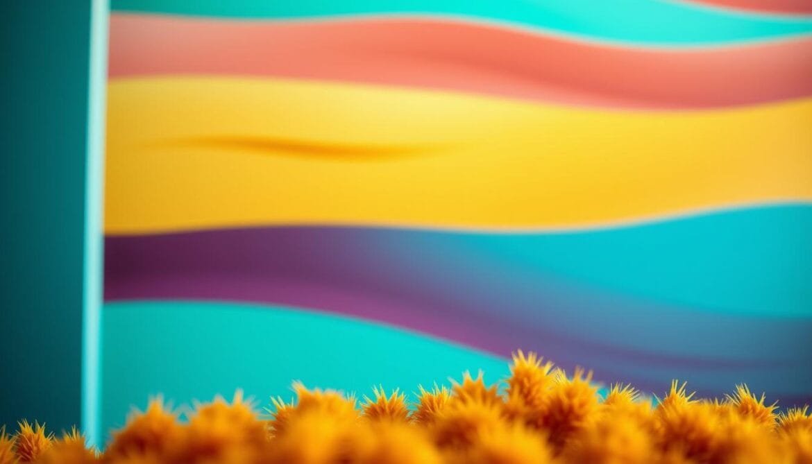 A retro-inspired color palette, reminiscent of the vibrant hues of the 1970s and 80s. In the foreground, a harmonious blend of warm ochres, mustard yellows, and earthy oranges, evoking a nostalgic, sun-drenched atmosphere. The middle ground features bold, saturated shades of teal, turquoise, and azure, creating a dynamic interplay of complementary colors. In the background, subtle gradients of plum, mulberry, and deep purple add depth and sophistication to the composition. Soft, diffused lighting casts a glow over the scene, evoking a sense of timeless elegance. Captured with a wide-angle lens to showcase the vibrant color palette in all its glory. Eine retro-inspirierte Farbpalette, die an die lebhaften Farbtöne der 1970er und 80er Jahre erinnert. Im Vordergrund eine harmonische Mischung aus warmen Ockertönen, Senfgelb und erdigen Orangetönen, die eine nostalgische, sonnendurchflutete Atmosphäre hervorrufen. Der Mittelgrund besteht aus kräftigen, gesättigten Schattierungen von Teal, Türkis und Azur, die ein dynamisches Zusammenspiel von Komplementärfarben ergeben. Im Hintergrund verleihen subtile Farbverläufe in Pflaume, Maulbeere und tiefem Violett der Komposition Tiefe und Raffinesse. Weiches, diffuses Licht lässt die Szene in einem zeitlos eleganten Licht erstrahlen. Das Bild wurde mit einem Weitwinkelobjektiv aufgenommen, um die leuchtende Farbpalette in ihrer ganzen Pracht zu zeigen.