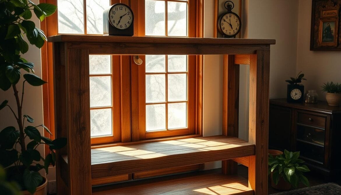 A rustic, handcrafted DIY upcycled wooden shelf stands proudly in a cozy, sun-dappled room. Warm natural light filters through the window, casting a soft glow on the weathered, reclaimed wood planks carefully assembled into sturdy, functional shelving. The simple yet elegant design features clean lines and minimal hardware, allowing the beauty of the salvaged timber to shine. Textural details, like knots and grain patterns, add character to the piece, which seamlessly blends vintage charm with modern sensibilities. In the background, lush potted plants and a vintage clock create a tranquil, earthy ambiance, perfectly complementing the DIY upcycled aesthetic. A rustic, handcrafted DIY upcycled wooden shelf stands proudly in a cozy, sun-dappled room. Warm natural light filters through the window, casting a soft glow on the weathered, reclaimed wood planks carefully assembled into sturdy, functional shelving. The simple yet elegant design features clean lines and minimal hardware, allowing the beauty of the salvaged timber to shine. Textural details, like knots and grain patterns, add character to the piece, which seamlessly blends vintage charm with modern sensibilities. In the background, lush potted plants and a vintage clock create a tranquil, earthy ambiance, perfectly complementing the DIY upcycled aesthetic.