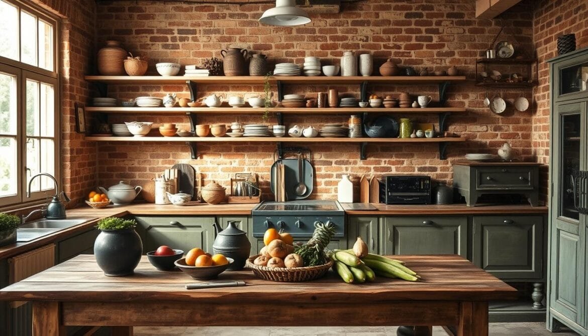 A shabby chic kitchen with open shelving units, warm natural lighting filtering through large windows. The foreground features a rustic wooden table topped with a mix of vintage kitchenware and fresh produce. Middle ground showcases the open shelves adorned with a curated selection of ceramic bowls, jars, and antique books. The background depicts exposed brick walls and a worn tiled floor, creating a cozy, lived-in atmosphere. Soft, diffused lighting casts a gentle glow, accentuating the weathered textures and muted color palette. The overall scene evokes a sense of timeless charm and effortless elegance. Eine Küche im Shabby-Chic mit offenen Regalen und warmem, natürlichem Licht, das durch große Fenster einfällt. Im Vordergrund steht ein rustikaler Holztisch mit einer Mischung aus altem Küchengeschirr und frischen Produkten. Im Mittelgrund sind die offenen Regale zu sehen, die mit einer ausgewählten Auswahl an Keramikschalen, Gläsern und antiken Büchern geschmückt sind. Im Hintergrund sind freiliegende Ziegelwände und ein abgenutzter Fliesenboden zu sehen, die eine gemütliche, wohnliche Atmosphäre schaffen. Weiches, diffuses Licht wirft einen sanften Schein, der die verwitterten Strukturen und die gedämpfte Farbpalette hervorhebt. Die gesamte Szene strahlt einen zeitlosen Charme und mühelose Eleganz aus.