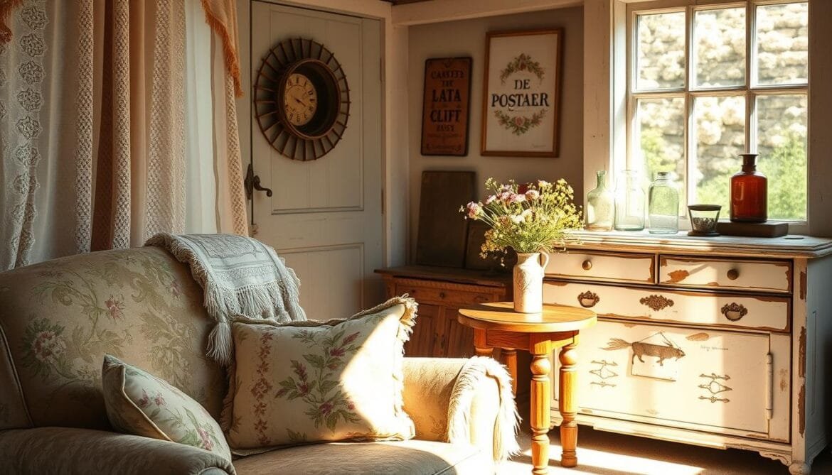 A sunlit, cozy cottage interior with rustic, time-worn charm. In the foreground, a plush, faded floral armchair invites relaxation. Layers of velvety textiles - delicate lace curtains, an intricately patterned throw, and a fringed cushion - lend a sense of softness and depth. The middle ground reveals a wooden side table topped with a vase of fresh wildflowers, casting warm, golden light across the scene. In the background, a chipped, whitewashed dresser displays an assortment of antique porcelain and vintage glass bottles, hinting at the home's character. The overall mood is one of tranquil elegance and lived-in comfort, embodying the essence of the Shabby Chic aesthetic. Ein sonnendurchflutetes, gemütliches Landhausinterieur mit rustikalem, veraltetem Charme. Im Vordergrund lädt ein plüschiger, verblasster Blumensessel zum Entspannen ein. Lagen von samtigen Textilien - zarte Spitzenvorhänge, eine kunstvoll gemusterte Decke und ein Kissen mit Fransen - verleihen dem Raum ein Gefühl von Weichheit und Tiefe. Im Mittelgrund steht ein hölzerner Beistelltisch, auf dem eine Vase mit frischen Wildblumen steht, die warmes, goldenes Licht auf die Szene werfen. Im Hintergrund steht eine abgeplatzte, weiß getünchte Kommode mit einer Auswahl an antikem Porzellan und alten Glasflaschen, die auf den Charakter des Hauses hinweisen. Die Gesamtstimmung ist von ruhiger Eleganz und gelebtem Komfort geprägt und verkörpert die Essenz der Shabby-Chic-Ästhetik.
