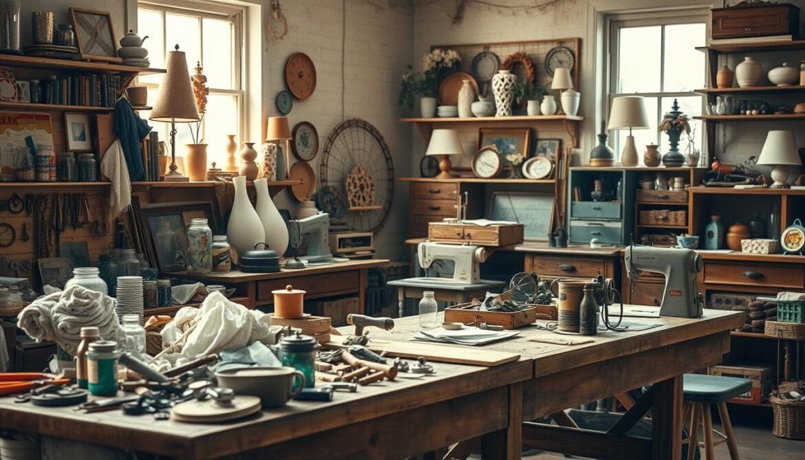 A sunlit workshop filled with vintage and repurposed materials. Wooden workbench adorned with an array of tools, jars, and found objects. In the foreground, a collage of textiles, hardware, and discarded items waiting to be transformed. The mid-ground features a sewing machine and a cluster of half-finished projects, hinting at the creative process. The background showcases shelves lined with refurbished decor, eclectic lamps, and upcycled furniture pieces. Warm lighting casts a cozy glow, reflecting the spirit of resourcefulness and DIY innovation. Composition emphasizes the harmony of old and new, the joy of reinvention. A sunlit workshop filled with vintage and repurposed materials. Wooden workbench adorned with an array of tools, jars, and found objects. In the foreground, a collage of textiles, hardware, and discarded items waiting to be transformed. The mid-ground features a sewing machine and a cluster of half-finished projects, hinting at the creative process. The background showcases shelves lined with refurbished decor, eclectic lamps, and upcycled furniture pieces. Warm lighting casts a cozy glow, reflecting the spirit of resourcefulness and DIY innovation. Composition emphasizes the harmony of old and new, the joy of reinvention.