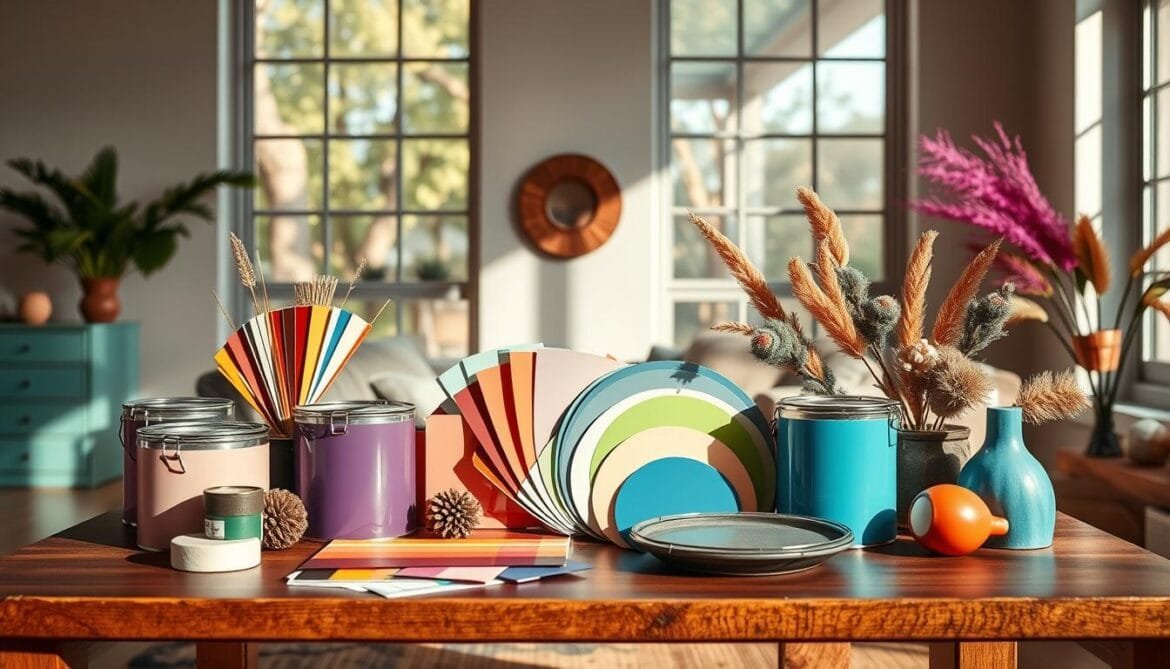 A vibrant and inviting interior scene featuring a variety of colorful paint cans, swatches, and decorative accents arranged on a sleek wooden table. The cans and swatches are displayed in an artful, visually engaging manner, showcasing a range of rich, saturated hues that evoke a sense of warmth and liveliness. Muted natural lighting filters in from large windows, casting a soft, harmonious glow over the scene and highlighting the textural quality of the materials. The overall atmosphere is one of creativity, inspiration, and the promise of transforming living spaces through the strategic use of color. The composition is balanced and visually appealing, drawing the viewer's eye to the array of color options and inviting them to imagine the endless possibilities for revitalizing their own rooms. Eine lebendige und einladende Innenraumszene mit einer Vielzahl von bunten Farbdosen, Farbmustern und dekorativen Akzenten, die auf einem eleganten Holztisch angeordnet sind. Die Dosen und Farbmuster sind auf kunstvolle, visuell ansprechende Weise ausgestellt und zeigen eine Reihe von satten, gesättigten Farbtönen, die ein Gefühl von Wärme und Lebendigkeit hervorrufen. Durch große Fenster fällt gedämpftes natürliches Licht ein, das die Szene in ein weiches, harmonisches Licht taucht und die Textur der Materialien hervorhebt. Die Gesamtatmosphäre ist geprägt von Kreativität, Inspiration und dem Versprechen, Lebensräume durch den strategischen Einsatz von Farbe zu verändern. Die Komposition ist ausgewogen und visuell ansprechend. Sie lenkt den Blick des Betrachters auf die Vielzahl der Farboptionen und lädt ihn ein, sich die unendlichen Möglichkeiten zur Belebung seiner eigenen Räume vorzustellen.