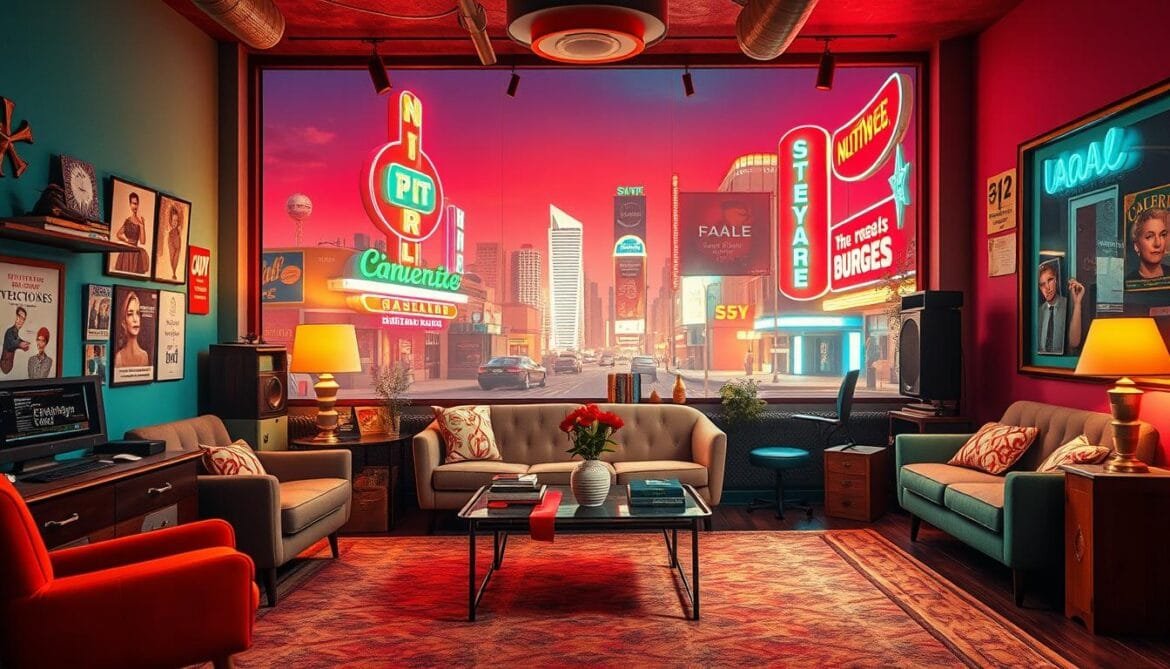 A vibrant retro composition showcasing practical examples of color psychology in a vintage aesthetic. In the foreground, a mid-century modern living room setup with an assortment of retro-inspired furniture and decor pieces, each highlighting a different color palette. The middle ground features a collection of vintage-style product packaging, advertisements, and print media, demonstrating how colors evoke specific emotions and associations. In the background, a stylized cityscape with neon signage and retro architectural elements casts a warm, nostalgic glow over the scene. Warm lighting, a slightly muted color palette, and a film grain effect create an authentic vintage ambiance. The overall image conveys a sense of timeless design principles and the enduring power of color in evoking emotional resonance. Eine lebendige Retro-Komposition, die praktische Beispiele für die Farbpsychologie in einer Vintage-Ästhetik zeigt. Im Vordergrund steht ein modernes Wohnzimmer aus der Mitte des Jahrhunderts mit einer Auswahl an retro-inspirierten Möbeln und Dekorationsstücken, die jeweils eine andere Farbpalette betonen. Im Mittelgrund ist eine Sammlung von Produktverpackungen, Anzeigen und Printmedien im Vintage-Stil zu sehen, die zeigen, wie Farben bestimmte Emotionen und Assoziationen hervorrufen. Im Hintergrund wirft eine stilisierte Stadtlandschaft mit Neonreklamen und architektonischen Retro-Elementen einen warmen, nostalgischen Schein auf die Szene. Warme Beleuchtung, eine leicht gedämpfte Farbpalette und ein Filmkorn-Effekt schaffen ein authentisches Vintage-Ambiente. Das Gesamtbild vermittelt ein Gefühl für zeitlose Designprinzipien und die anhaltende Kraft von Farben, die eine emotionale Resonanz hervorrufen.