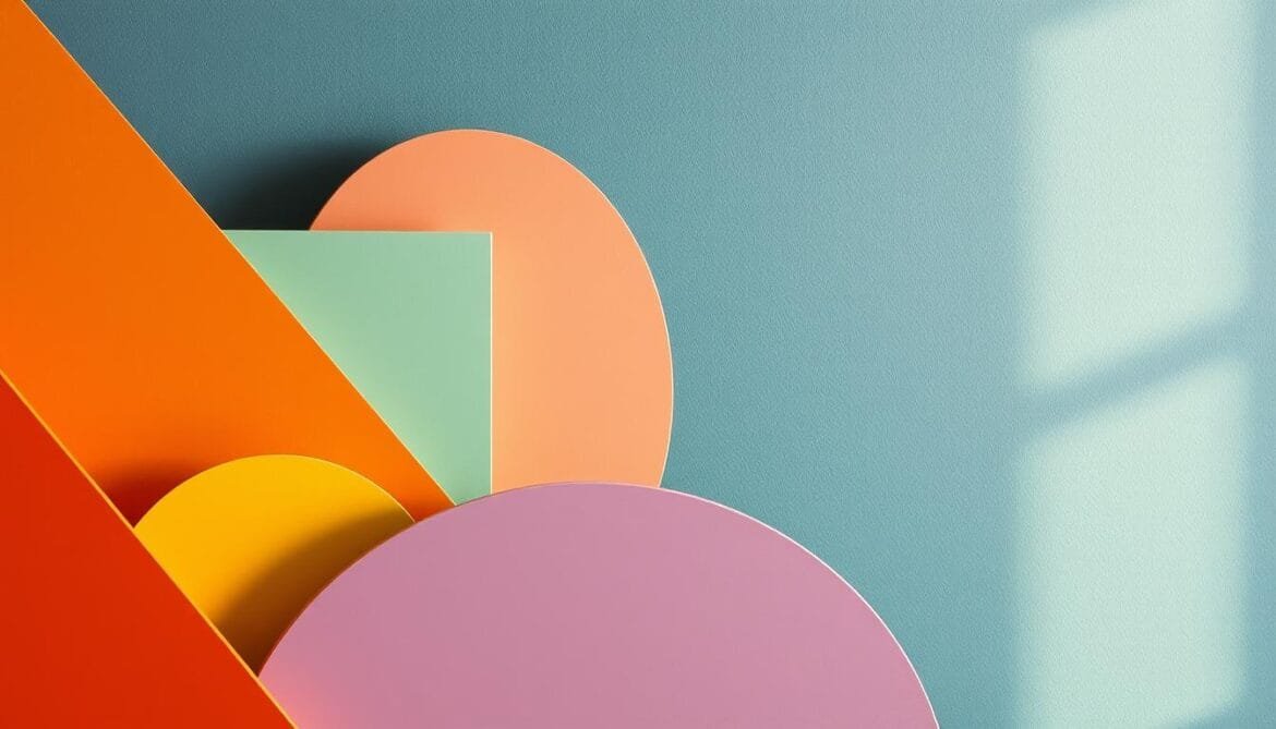 A vibrant retro-inspired color palette fills the frame, evoking a nostalgic yet modern atmosphere. In the foreground, bold geometric shapes in warm hues like terracotta, mustard, and burnt sienna interlock and overlap, creating a dynamic composition. The midground features softer pastel tones of mint, peach, and lavender, blending seamlessly. In the background, a subtly textured gradient shifts from deep indigo to a pale sky blue, lending depth and balance. Warm, diffused lighting casts gentle shadows, highlighting the retro aesthetic. The overall mood is one of vintage charm and contemporary flair, inviting the viewer to explore the captivating color combination. Eine leuchtende, von Retro-Farben inspirierte Farbpalette füllt den Rahmen und ruft eine nostalgische und doch moderne Atmosphäre hervor. Im Vordergrund überlagern sich kühne geometrische Formen in warmen Farbtönen wie Terrakotta, Senf und gebrannter Siena und schaffen so eine dynamische Komposition. Im Mittelgrund finden sich sanftere Pastelltöne wie Minze, Pfirsich und Lavendel, die nahtlos ineinander übergehen. Im Hintergrund wechselt ein subtil strukturierter Farbverlauf von tiefem Indigo zu einem blassen Himmelblau und verleiht Tiefe und Ausgewogenheit. Das warme, diffuse Licht wirft sanfte Schatten und unterstreicht die Retro-Ästhetik. Die Gesamtstimmung ist geprägt von Vintage-Charme und zeitgenössischem Flair und lädt den Betrachter ein, die fesselnde Farbkombination zu erkunden.