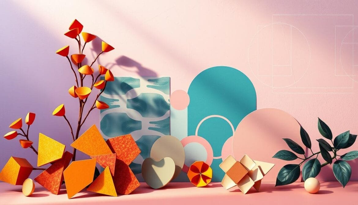 A vibrant retro-styled composition showcasing a harmonious blend of classic colors. In the foreground, a cluster of geometric shapes in warm hues like rusty orange, mustard yellow, and earthy red create a captivating visual tapestry. The middle ground features abstract patterns reminiscent of mid-century modern designs, using cool tones of teal, azure, and slate blue to evoke a sense of nostalgia. In the background, a soft, gradient-like backdrop in muted shades of lavender and sage provides a soothing, almost dreamlike ambiance. Lighting is soft and diffused, casting gentle shadows that accentuate the depth and texture of the elements. The overall mood is one of vintage charm and emotive color psychology, inviting the viewer to explore the interplay of hues and their ability to stir up feelings and memories. Eine lebhafte Komposition im Retrostil, die eine harmonische Mischung klassischer Farben zeigt. Im Vordergrund bilden geometrische Formen in warmen Farbtönen wie Rostorange, Senfgelb und erdigem Rot einen fesselnden visuellen Wandteppich. Im Mittelgrund sind abstrakte Muster zu sehen, die an moderne Designs aus der Mitte des Jahrhunderts erinnern und mit kühlen Tönen wie Teal, Azur und Schieferblau ein Gefühl von Nostalgie hervorrufen. Im Hintergrund sorgt ein weicher, gradientenartiger Hintergrund in gedämpften Lavendel- und Salbeifarbtönen für eine beruhigende, fast traumhafte Atmosphäre. Die Beleuchtung ist weich und diffus und wirft sanfte Schatten, die die Tiefe und Textur der Elemente betonen. Die Gesamtstimmung ist geprägt von Vintage-Charme und emotionaler Farbpsychologie, die den Betrachter dazu einlädt, das Zusammenspiel von Farbtönen und ihre Fähigkeit, Gefühle und Erinnerungen zu wecken, zu erkunden.