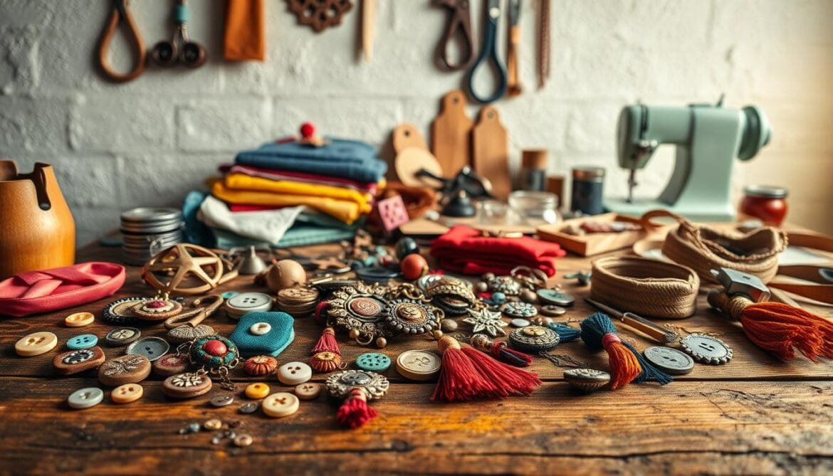 A vibrant still life of DIY retro accessories arranged on a rustic wooden table, illuminated by warm, natural lighting. In the foreground, an assortment of handcrafted trinkets and embellishments, such as vintage buttons, tassels, and upcycled jewelry components. In the middle ground, various tools and materials, including colorful fabrics, leather scraps, and a sewing machine, suggesting the process of creating these unique accessories. The background features a neutral, textured wall, creating a cozy, workshop-inspired atmosphere. The overall composition conveys a sense of creativity, craftsmanship, and the joy of DIY projects. Ein lebhaftes Stillleben aus DIY-Retro-Accessoires auf einem rustikalen Holztisch, beleuchtet von warmem, natürlichem Licht. Im Vordergrund eine Auswahl an handgefertigten Schmuckstücken und Verzierungen, wie z. B. alte Knöpfe, Quasten und wiederverwertete Schmuckteile. Im Mittelgrund sind verschiedene Werkzeuge und Materialien zu sehen, darunter farbenfrohe Stoffe, Lederreste und eine Nähmaschine, die den Prozess der Herstellung dieser einzigartigen Accessoires andeuten. Der Hintergrund besteht aus einer neutralen, strukturierten Wand, die eine gemütliche, von der Werkstatt inspirierte Atmosphäre schafft. Die Gesamtkomposition vermittelt ein Gefühl von Kreativität, Handwerkskunst und der Freude an Heimwerkerprojekten.