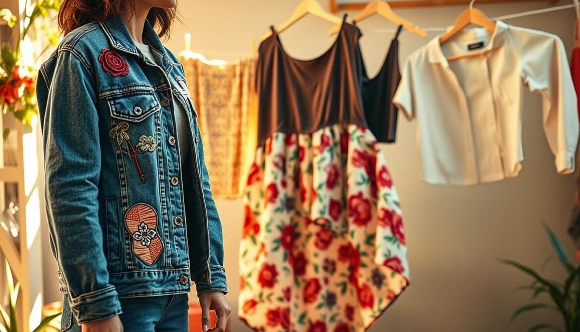 A vibrant vignette showcasing various DIY upcycled fashion pieces. In the foreground, a chic denim jacket adorned with intricate embroidery and repurposed patches. In the middle ground, a flowing skirt fashioned from a vintage floral tablecloth, its asymmetric hemline adding a modern touch. The background features a clothesline strung with creatively transformed garments - a t-shirt repurposed into a playful halter top, and a button-down shirt transformed into a breezy blouse. Soft, warm lighting filters through the scene, lending a cozy, homespun atmosphere. The overall composition captures the joy and creativity of giving new life to old clothing through sustainable upcycling techniques. A vibrant vignette showcasing various DIY upcycled fashion pieces. In the foreground, a chic denim jacket adorned with intricate embroidery and repurposed patches. In the middle ground, a flowing skirt fashioned from a vintage floral tablecloth, its asymmetric hemline adding a modern touch. The background features a clothesline strung with creatively transformed garments - a t-shirt repurposed into a playful halter top, and a button-down shirt transformed into a breezy blouse. Soft, warm lighting filters through the scene, lending a cozy, homespun atmosphere. The overall composition captures the joy and creativity of giving new life to old clothing through sustainable upcycling techniques.
