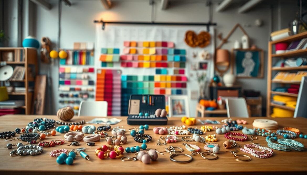 A vibrant, well-lit DIY accessories display showcasing an array of retro-inspired color choices. The foreground features an assortment of handcrafted items such as keychains, hair accessories, and jewelry laid out on a smooth, wooden tabletop. The middle ground comprises a backdrop of various color swatches, paint chips, and textile samples, allowing the viewer to visualize the customization possibilities. The background depicts a minimalist, industrial-style setting with subtle hints of warm lighting, creating an inviting and creative atmosphere for the DIY project. Ein lebhaftes, gut beleuchtetes DIY-Accessoires-Display, das eine Reihe von retro-inspirierten Farbvarianten präsentiert. Im Vordergrund ist eine Auswahl an handgefertigten Artikeln wie Schlüsselanhängern, Haarschmuck und Schmuck auf einer glatten Holztischplatte ausgestellt. Der Mittelgrund besteht aus einem Hintergrund aus verschiedenen Farbmustern, Farbchips und Textilmustern, die es dem Betrachter ermöglichen, sich ein Bild von den individuellen Gestaltungsmöglichkeiten zu machen. Der Hintergrund zeigt ein minimalistisches, industrielles Ambiente mit dezentem, warmem Licht, das eine einladende und kreative Atmosphäre für das DIY-Projekt schafft.