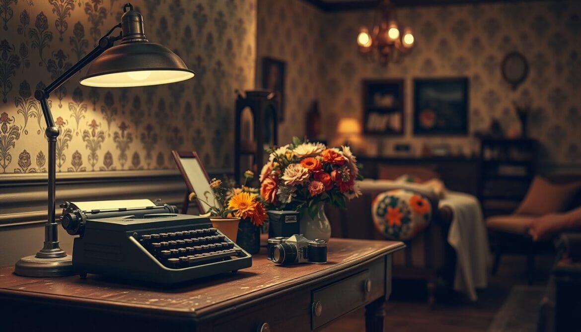 A vintage-inspired color composition showcasing a harmonious blend of muted, earthy tones. In the foreground, a retro-style lamp casts a warm, soft light across a worn wooden table, its surface adorned with an array of carefully curated objects - a classic typewriter, an old-fashioned camera, and a selection of vibrant, yet subdued, floral arrangements. In the middle ground, the walls are adorned with a timeless wallpaper pattern, hinting at the nostalgia of a bygone era. The background reveals a dimly lit, cozy interior, with hints of aged furnishings and textiles creating an immersive, atmospheric setting. The overall mood is one of tranquility, inviting the viewer to step back in time and appreciate the enduring appeal of vintage color palettes. Eine vom Vintage-Stil inspirierte Farbkomposition, die eine harmonische Mischung aus gedämpften, erdigen Tönen zeigt. Im Vordergrund wirft eine Lampe im Retrostil ein warmes, weiches Licht auf einen abgenutzten Holztisch, dessen Oberfläche mit einer Reihe sorgfältig ausgewählter Objekte geschmückt ist - einer klassischen Schreibmaschine, einem altmodischen Fotoapparat und einer Auswahl lebendiger, aber gedämpfter Blumenarrangements. Im Mittelgrund sind die Wände mit einem zeitlosen Tapetenmuster verziert, das die Nostalgie einer vergangenen Ära andeutet. Im Hintergrund ist ein schwach beleuchtetes, gemütliches Interieur zu sehen, in dem Andeutungen von alten Möbeln und Textilien eine stimmungsvolle Atmosphäre schaffen. Die Gesamtstimmung ist von Ruhe geprägt und lädt den Betrachter ein, sich in die Vergangenheit zurückzuversetzen und die anhaltende Anziehungskraft von Vintage-Farbpaletten zu schätzen.