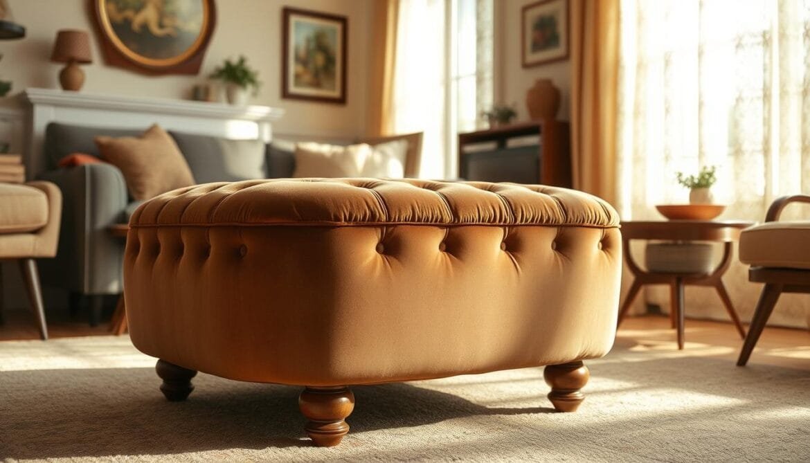 A vintage-inspired, elegantly tufted pouf sits prominently in a cozy, sun-dappled living room. The plush, button-tufted velvet upholstery in a rich, muted tone glistens with a soft, velvety sheen. Detailed, turned wooden legs in a warm, distressed finish provide sturdy support. The pouf's generous size and inviting, rounded shape beckons for relaxation, complementing the room's mid-century modern furnishings. Soft, natural light filters through lace-patterned curtains, casting a nostalgic, golden glow across the scene. The overall atmosphere evokes a sense of timeless sophistication and vintage charm. Ein eleganter, getufteter Pouf im Vintage-Stil ist der Mittelpunkt eines gemütlichen, sonnendurchfluteten Wohnzimmers. Die plüschige, getuftete Samtpolsterung in einem satten, gedeckten Farbton glänzt mit einem weichen, samtigen Schimmer. Detaillierte, gedrechselte Holzbeine in einem warmen, gealterten Finish sorgen für einen stabilen Halt. Die großzügige Größe und die einladende, abgerundete Form des Poufs laden zum Entspannen ein und ergänzen die moderne Einrichtung des Zimmers. Weiches, natürliches Licht fällt durch die mit Spitzen gemusterten Vorhänge und lässt die Szene in einem nostalgischen, goldenen Licht erstrahlen. Die Gesamtatmosphäre vermittelt ein Gefühl von zeitloser Raffinesse und Vintage-Charme.