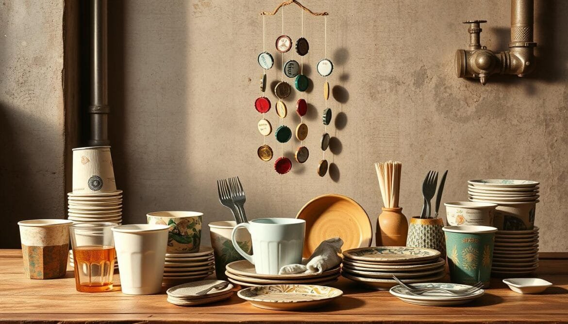 A vintage-inspired scene of retro upcycled single-use items. In the foreground, a collection of repurposed disposable cups, plates, and utensils arranged in a still life composition. Textured surfaces, faded colors, and an aged patina evoke a mid-20th century aesthetic. The middle ground features a hanging mobile made from recycled bottle caps and old magazines, casting dynamic shadows. In the background, a minimalist concrete wall with exposed pipes and industrial accents provides a neutral backdrop. Warm, soft lighting illuminates the scene, highlighting the creativity and sustainability of transforming everyday waste into unique home decor. A vintage-inspired scene of retro upcycled single-use items. In the foreground, a collection of repurposed disposable cups, plates, and utensils arranged in a still life composition. Textured surfaces, faded colors, and an aged patina evoke a mid-20th century aesthetic. The middle ground features a hanging mobile made from recycled bottle caps and old magazines, casting dynamic shadows. In the background, a minimalist concrete wall with exposed pipes and industrial accents provides a neutral backdrop. Warm, soft lighting illuminates the scene, highlighting the creativity and sustainability of transforming everyday waste into unique home decor.