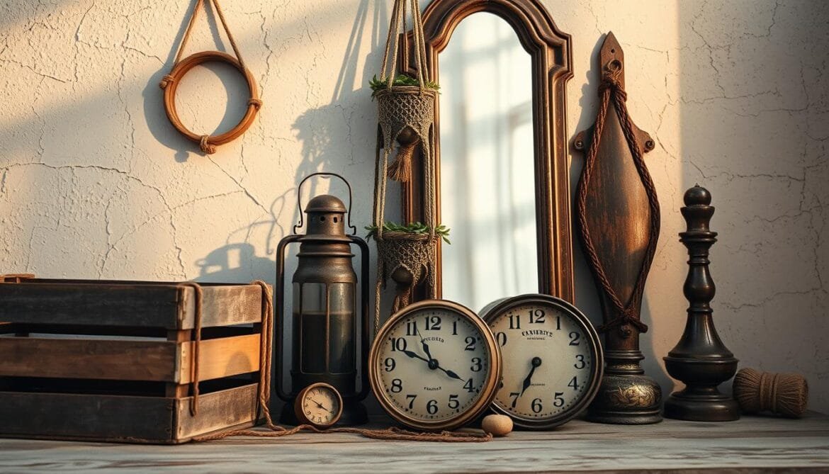 A vintage-inspired still life capturing the essence of upcycled "Deko." In the foreground, an eclectic arrangement of repurposed objects – a weathered wooden crate, a metal lantern, and an antique clock face. Midground, a hanging macrame plant holder and a tarnished mirror frame. In the background, a cracked plaster wall with peeling paint, bathed in warm, golden lighting that casts soft shadows. The overall mood is one of rustic charm, nostalgia, and the beauty of reclaimed materials. The composition is balanced and visually compelling, inviting the viewer to imagine the creative journey of transforming old into new. A vintage-inspired still life capturing the essence of upcycled "Deko." In the foreground, an eclectic arrangement of repurposed objects – a weathered wooden crate, a metal lantern, and an antique clock face. Midground, a hanging macrame plant holder and a tarnished mirror frame. In the background, a cracked plaster wall with peeling paint, bathed in warm, golden lighting that casts soft shadows. The overall mood is one of rustic charm, nostalgia, and the beauty of reclaimed materials. The composition is balanced and visually compelling, inviting the viewer to imagine the creative journey of transforming old into new.