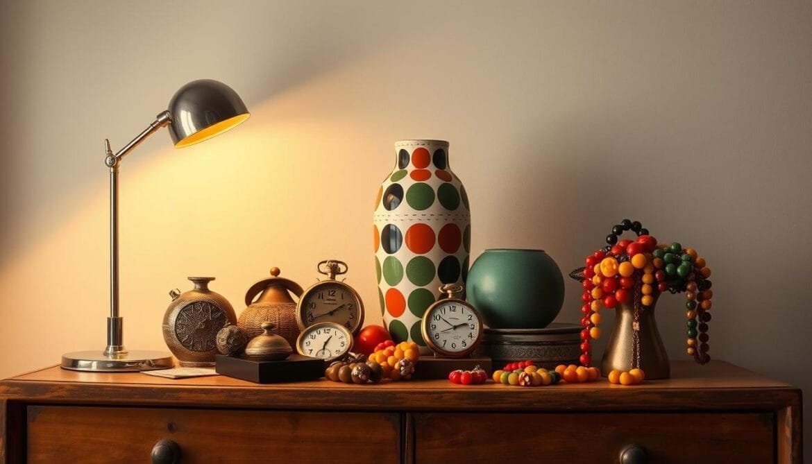 A vintage-inspired still life showcasing an assortment of retro-chic accessories. In the foreground, a collection of mid-century inspired trinkets and knick-knacks - a gleaming chrome desk lamp, a mod-patterned ceramic vase, a tarnished brass pocket watch, and an eclectic array of colorful bakelite jewelry pieces. In the middle ground, the accessories are arranged atop a wooden sideboard or console table, its weathered surface adding a rustic, aged ambiance. The background features a minimalist, neutral-toned wall, creating a clean, uncluttered canvas to highlight the retro-themed items. Soft, warm lighting from a hidden source casts a gentle glow, enhancing the nostalgic, vintage-inspired aesthetic. The overall composition evokes a sense of mid-20th century design and a timeless, effortless elegance. Ein vom Vintage-Stil inspiriertes Stillleben mit einer Auswahl an Accessoires im Retro-Schick. Im Vordergrund eine Sammlung von Schmuckstücken und Nippes aus der Mitte des Jahrhunderts - eine glänzende Chrom-Schreibtischlampe, eine Keramikvase mit Mod-Muster, eine Taschenuhr aus Messing und eine bunte Auswahl an Bakelit-Schmuckstücken. Im Mittelgrund sind die Accessoires auf einem hölzernen Sideboard oder Konsolentisch angeordnet, dessen verwitterte Oberfläche ein rustikales, gealtertes Ambiente schafft. Der Hintergrund besteht aus einer minimalistischen, neutral getönten Wand, die eine saubere, aufgeräumte Leinwand für die Retro-Schmuckstücke bildet. Sanftes, warmes Licht aus einer verborgenen Quelle wirft einen sanften Schein und unterstreicht die nostalgische, vintage-inspirierte Ästhetik. Die Gesamtkomposition erinnert an das Design der Mitte des 20. Jahrhunderts und vermittelt eine zeitlose, mühelose Eleganz.