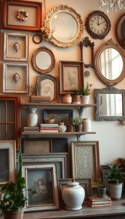 A vintage-inspired wall decor scene with a warm, cozy ambiance. In the foreground, an assortment of distressed wooden frames, antique mirrors, and delicate floral wall hangings are artfully arranged. The middle ground features a mix of rustic, weathered shelves displaying vintage books, ceramic vases, and potted plants. In the background, a soft, muted color palette of earthy tones and textures creates a timeless, inviting atmosphere. Soft, diffused lighting casts a gentle glow, emphasizing the character and charm of the carefully curated vintage decor. The overall composition evokes a sense of nostalgia and a harmonious blend of old and new. A vintage-inspired wall decor scene with a warm, cozy ambiance. In the foreground, an assortment of distressed wooden frames, antique mirrors, and delicate floral wall hangings are artfully arranged. The middle ground features a mix of rustic, weathered shelves displaying vintage books, ceramic vases, and potted plants. In the background, a soft, muted color palette of earthy tones and textures creates a timeless, inviting atmosphere. Soft, diffused lighting casts a gentle glow, emphasizing the character and charm of the carefully curated vintage decor. The overall composition evokes a sense of nostalgia and a harmonious blend of old and new.