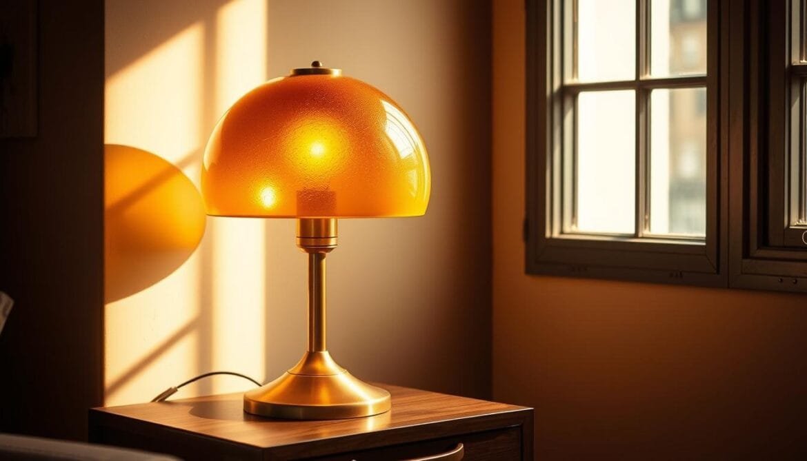 A vintage, retro-style table lamp with a distinctive mid-century modern silhouette. The lamp features a rounded, dome-shaped shade made of a warm, amber-tinted glass that casts a soft, diffused glow. The metal base is finished in a sleek, brushed brass or copper tone, with clean, geometric lines that evoke the aesthetic of the 1950s and 60s. The lamp is positioned on a minimalist, wooden side table, casting a cozy, inviting ambiance in the dimly lit room. Warm, natural lighting from a nearby window creates subtle highlights and shadows across the surfaces, enhancing the tactile, artisanal quality of the retro-inspired design. Eine Vintage-Tischleuchte im Retrostil mit einer charakteristischen Silhouette aus der Mitte des Jahrhunderts. Die Lampe verfügt über einen runden, kuppelförmigen Schirm aus warmem, bernsteinfarbenem Glas, der ein weiches, diffuses Licht abgibt. Der Metallsockel ist in einem eleganten, gebürsteten Messing- oder Kupferton gehalten und weist klare, geometrische Linien auf, die an die Ästhetik der 1950er und 60er Jahre erinnern. Die Lampe steht auf einem minimalistischen hölzernen Beistelltisch, der ein gemütliches, einladendes Ambiente in den schwach beleuchteten Raum zaubert. Warmes, natürliches Licht von einem nahe gelegenen Fenster erzeugt subtile Glanzlichter und Schatten auf den Oberflächen, die die taktile, handwerkliche Qualität des retro-inspirierten Designs hervorheben.