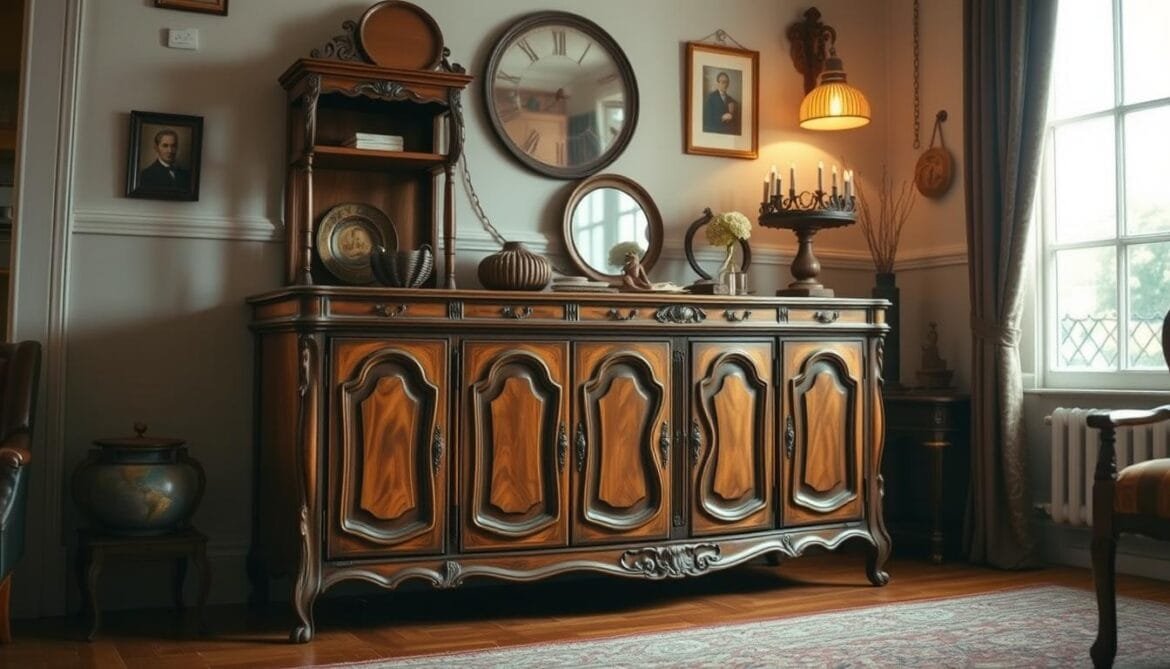 A vintage sideboard with a timeless design, showcasing intricate carved details and a rich, distressed wood finish. The piece stands elegantly in a cozy, well-lit room, complemented by soft, warm lighting that casts a gentle glow. The sideboard's elegant lines and classic silhouette evoke a sense of nostalgia, while its functional storage space and display shelves make it a practical and stylish addition to any retro-inspired home. The scene exudes a charming, lived-in atmosphere, capturing the essence of a curated vintage interior. Ein Vintage-Sideboard mit zeitlosem Design, aufwändig geschnitzten Details und einer reichen, gealterten Holzoberfläche. Das Stück steht elegant in einem gemütlichen, gut beleuchteten Raum, ergänzt durch eine weiche, warme Beleuchtung, die einen sanften Schein abgibt. Die eleganten Linien und die klassische Silhouette des Sideboards erwecken einen Hauch von Nostalgie, während der funktionale Stauraum und die Ablageflächen es zu einer praktischen und stilvollen Ergänzung für jedes retro-inspirierte Zuhause machen. Die Szene strahlt eine charmante, lebendige Atmosphäre aus und fängt die Essenz einer gepflegten Vintage-Einrichtung ein.