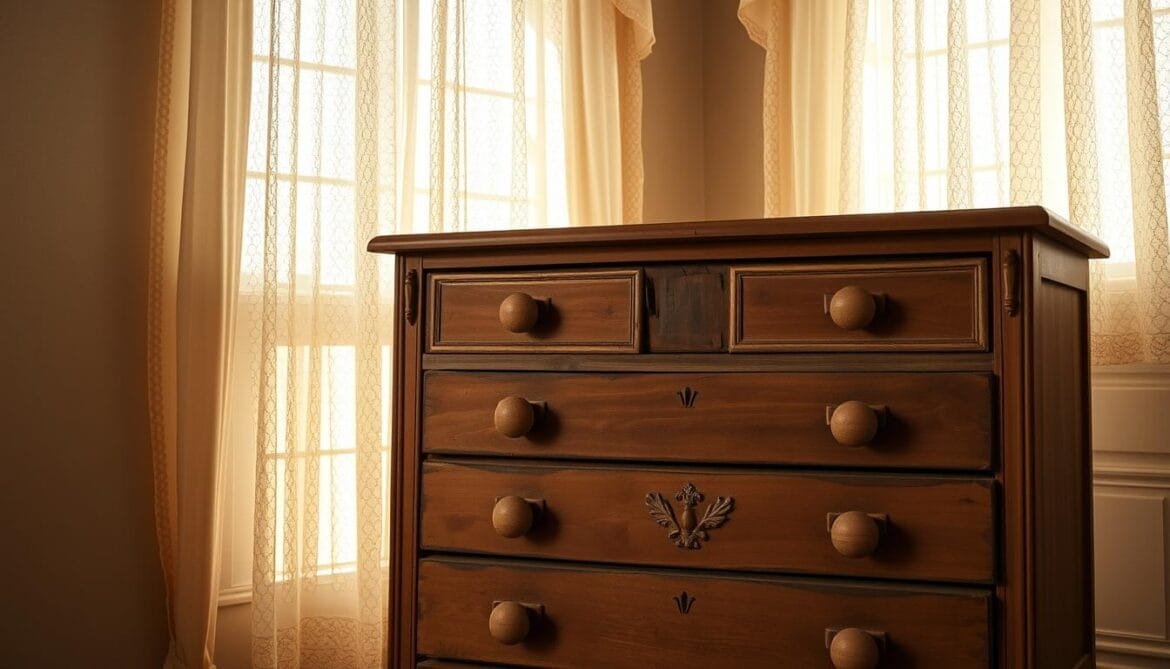 Eine alte Holzkommode mit abgenutzter, verwitterter Oberfläche steht in einem warmen, sonnendurchfluteten Raum. Das Licht fällt durch die Spitzenvorhänge und wirft einen sanften, goldenen Schein auf die Möbel. Die Kommode weist eine Mischung aus rustikalen und raffinierten Details auf, mit kunstvoll geschnitzten Akzenten und leicht schiefen Schubladen, die auf ihre Geschichte hinweisen. Der Hintergrund besteht aus einer gedämpften, neutralen Farbpalette, die es der Kommode ermöglicht, sich in den Mittelpunkt zu stellen und ihren Charakter und Charme zur Geltung zu bringen. Der Blickwinkel ist leicht erhöht und bietet eine durchdachte, überlegte Perspektive auf dieses zeitlose Möbelstück.