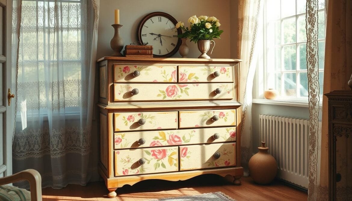 In einem gemütlichen, sonnendurchfluteten Raum steht eine alte Holzkommode, deren verwitterte Oberfläche mit einem lebhaften Blumenmuster verziert ist. Weiches, natürliches Licht fällt durch die Spitzenvorhänge und verbreitet ein warmes, nostalgisches Licht. Sorgfältig platzierte Dekoration, darunter eine Topfpflanze und antike Vasen, ergänzen den neu gewonnenen Charme der Kommode. Die Szene strahlt zeitlose Eleganz aus und lädt den Betrachter dazu ein, sich die Geschichten vorzustellen, die dieses Möbelstück erzählen könnte. Filigrane Pinselstriche und eine gedämpfte Farbpalette verleihen dem Bild eine taktile, handwerkliche Qualität und fangen die Essenz des Upcyclings und der Verwandlung eines einfachen Objekts in ein Kunstwerk ein.