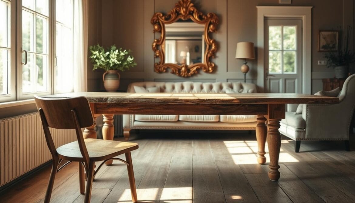 A vintage wooden esstisch (dining table) stands prominently in a cozy, sun-dappled room. The table's weathered surface is complemented by turned legs and a distressed finish, exuding an air of rustic elegance. In the foreground, a simple, mid-century style chair invites one to linger. The middle ground is occupied by a plush, tufted sofa and an ornate, gilded mirror, creating a harmonious blend of old and new. Soft, warm lighting filters in through large windows, casting a gentle glow over the scene. The overall atmosphere evokes a sense of timeless sophistication and relaxed, vintage charm. Ein alter Esstisch aus Holz steht in einem gemütlichen, sonnendurchfluteten Raum im Mittelpunkt. Die verwitterte Oberfläche des Tisches wird durch die gedrechselten Beine und die abgenutzte Oberfläche ergänzt, die einen Hauch von rustikaler Eleganz ausstrahlen. Im Vordergrund lädt ein schlichter Stuhl im Mid-Century-Stil zum Verweilen ein. In der Mitte stehen ein plüschiges, getuftetes Sofa und ein verschnörkelter, vergoldeter Spiegel, die eine harmonische Mischung aus Alt und Neu bilden. Durch die großen Fenster fällt weiches, warmes Licht ein, das einen sanften Schein auf die Szene wirft. Die Gesamtatmosphäre vermittelt ein Gefühl von zeitloser Raffinesse und entspanntem Vintage-Charme.
