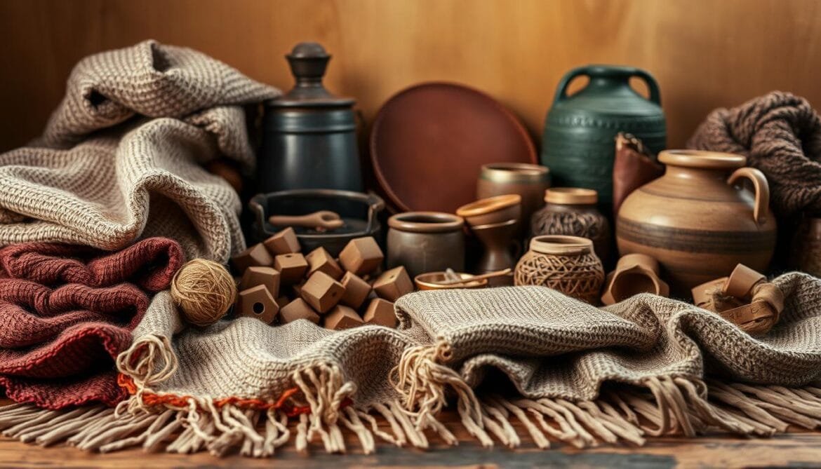 A visually striking still life capturing the essence of "Materialien und Textilien". In the foreground, a carefully curated arrangement of richly textured fabrics, skeins of yarn, and artisanal notions laid out against a warm, earthy backdrop. The mid-ground features expertly crafted leather goods, ceramic vessels, and meticulously stitched embroidery, speaking to the fine attention to detail. The background is subtly blurred, drawing the viewer's focus to the intricate interplay of materials, patterns, and colors. Soft, diffused lighting casts a gentle glow, creating a contemplative, almost meditative atmosphere. This image evokes a sense of tactile elegance and timeless craftsmanship, perfectly suited to illustrate the "Feine Unterschiede erkennen" section of the article. Ein visuell beeindruckendes Stillleben, das die Essenz von "Materialien und Textilien" einfängt. Im Vordergrund ist ein sorgfältig zusammengestelltes Arrangement aus reich strukturierten Stoffen, Garnsträngen und handwerklichen Artikeln vor einem warmen, erdigen Hintergrund zu sehen. Im Mittelgrund sind fachmännisch hergestellte Lederwaren, Keramikgefäße und sorgfältig gestickte Stickereien zu sehen, die von der Liebe zum Detail zeugen. Der Hintergrund ist subtil verschwommen und lenkt die Aufmerksamkeit des Betrachters auf das komplizierte Zusammenspiel von Materialien, Mustern und Farben. Weiches, diffuses Licht wirft einen sanften Schein und schafft eine kontemplative, fast meditative Atmosphäre. Dieses Bild vermittelt ein Gefühl von taktiler Eleganz und zeitloser Handwerkskunst und eignet sich perfekt zur Illustration des Abschnitts "Feine Unterschiede erkennen" des Artikels.