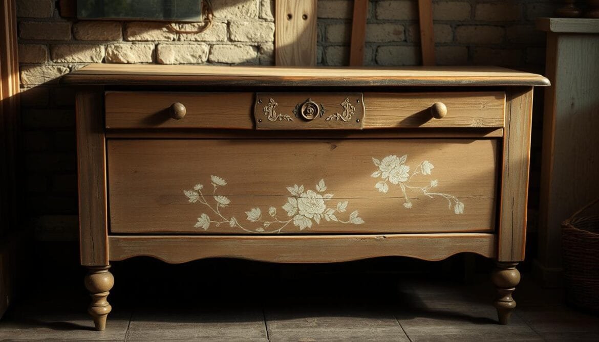 A weathered antique wooden table or dresser, bathed in soft, warm lighting, its surface adorned with a delicate, hand-painted vintage floral pattern in chalky, muted pastel tones. The piece stands against a backdrop of a cozy, rustic interior, perhaps a brick wall or a wooden paneled wall, lending an aged, timeless atmosphere. Subtle textures and imperfections add character, while the overall composition evokes a sense of nostalgic charm and effortless, refined elegance. A weathered antique wooden table or dresser, bathed in soft, warm lighting, its surface adorned with a delicate, hand-painted vintage floral pattern in chalky, muted pastel tones. The piece stands against a backdrop of a cozy, rustic interior, perhaps a brick wall or a wooden paneled wall, lending an aged, timeless atmosphere. Subtle textures and imperfections add character, while the overall composition evokes a sense of nostalgic charm and effortless, refined elegance.