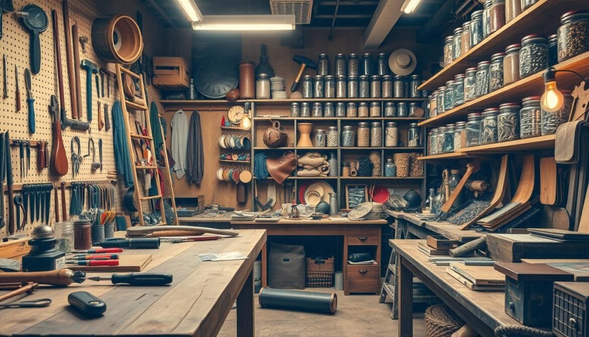 A well-lit DIY workshop interior, filled with an assortment of vintage tools and materials. The foreground features a weathered wooden workbench, adorned with an array of screwdrivers, pliers, and a soldering iron. On the walls, hang pegboards displaying an eclectic collection of hammers, saws, and other handcrafted instruments. The middle ground showcases various materials such as leather, cloth, and found objects, ready to be transformed into unique, retro-inspired accessories. In the background, tall shelves brimming with jars of screws, nails, and other hardware cast a warm, industrial ambiance, complemented by the soft glow of incandescent lighting overhead. Eine gut beleuchtete Heimwerkerwerkstatt, gefüllt mit einer Auswahl an alten Werkzeugen und Materialien. Im Vordergrund steht eine verwitterte hölzerne Werkbank, die mit einer Reihe von Schraubenziehern, Zangen und einem Lötkolben bestückt ist. An den Wänden hängen Stecktafeln mit einer eklektischen Sammlung von Hämmern, Sägen und anderen handgefertigten Instrumenten. In der Mitte des Raums sind verschiedene Materialien wie Leder, Stoff und Fundstücke ausgestellt, die sich in einzigartige, vom Retro-Stil inspirierte Accessoires verwandeln lassen. Im Hintergrund sorgen hohe Regale mit Gläsern voller Schrauben, Nägel und anderer Eisenwaren für ein warmes, industrielles Ambiente, das durch den sanften Schein der Glühbirnen über dem Kopf ergänzt wird.