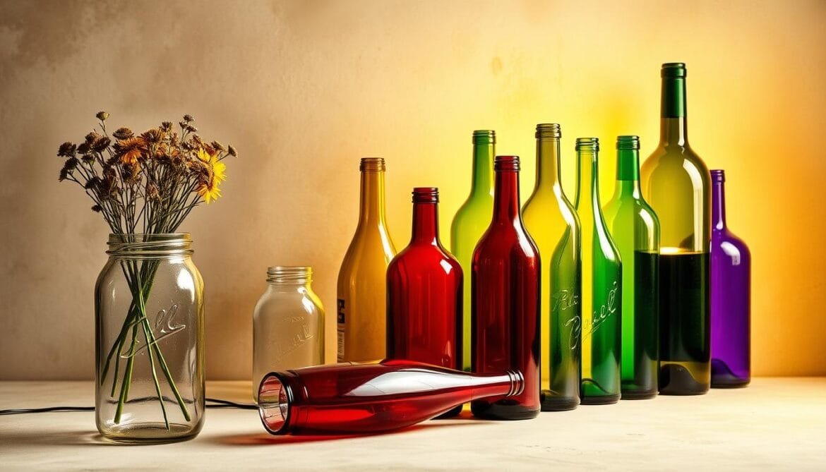 A well-lit, artisanal still life showcasing a variety of creatively repurposed glass bottles. In the foreground, a mason jar transformed into a minimalist vase holds a bouquet of wildflowers. Nearby, a wine bottle has been cleverly upcycled into a sleek table lamp, its warm glow casting a cozy ambiance. In the middle ground, a group of colorful glass bottles in various shapes and sizes have been given new life as unique decorative elements, arranged to create a visually striking display. The background features a neutral, earthy-toned backdrop, allowing the vibrant glass pieces to take center stage. The composition is balanced, with a focus on showcasing the beauty and versatility of these ordinary glass items through skillful upcycling. A well-lit, artisanal still life showcasing a variety of creatively repurposed glass bottles. In the foreground, a mason jar transformed into a minimalist vase holds a bouquet of wildflowers. Nearby, a wine bottle has been cleverly upcycled into a sleek table lamp, its warm glow casting a cozy ambiance. In the middle ground, a group of colorful glass bottles in various shapes and sizes have been given new life as unique decorative elements, arranged to create a visually striking display. The background features a neutral, earthy-toned backdrop, allowing the vibrant glass pieces to take center stage. The composition is balanced, with a focus on showcasing the beauty and versatility of these ordinary glass items through skillful upcycling.