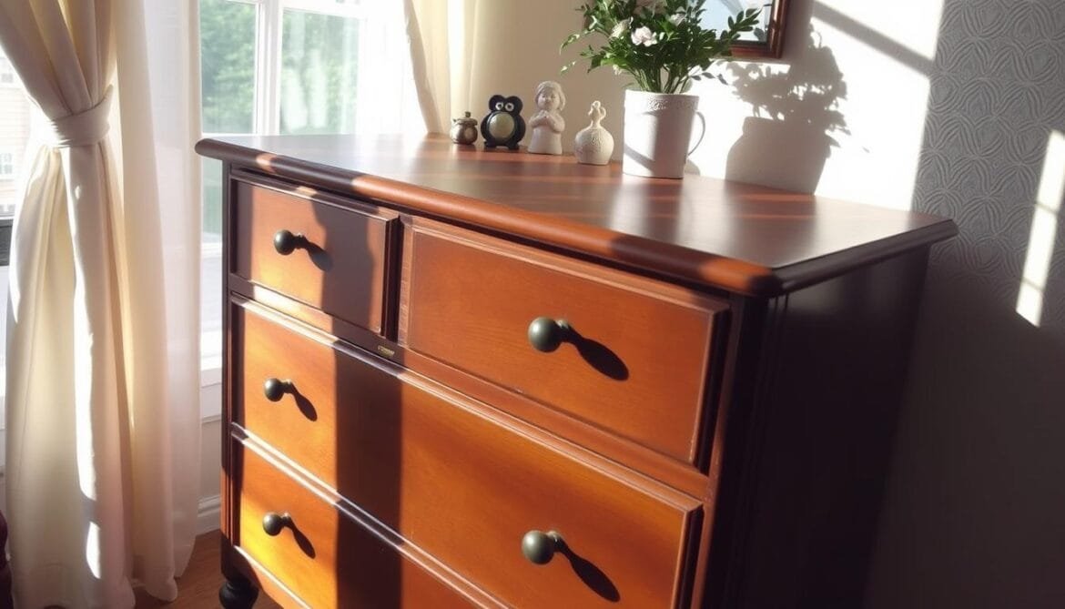 In einem gemütlichen, sonnendurchfluteten Raum steht eine gut erhaltene alte Kommode. Weiches, natürliches Licht fällt durch die Vorhänge und wirft einen warmen Schein auf die frisch polierte Holzoberfläche. Die Schubladen wurden sorgfältig geschliffen und gebeizt, um eine glatte, weiche Oberfläche zu erhalten, ihre Messinggriffe glänzen. Zartes, sorgfältig aufgetragenes Wachs verleiht einen subtilen Glanz und schützt das antike Stück. Ein paar verstreute Keramikfiguren und eine Topfpflanze setzen charmante Akzente und vervollständigen das einladende, wohnliche Ambiente. Die Szene vermittelt ein Gefühl von Sorgfalt, Nostalgie und Respekt für die Geschichte und den Charakter der Möbel.