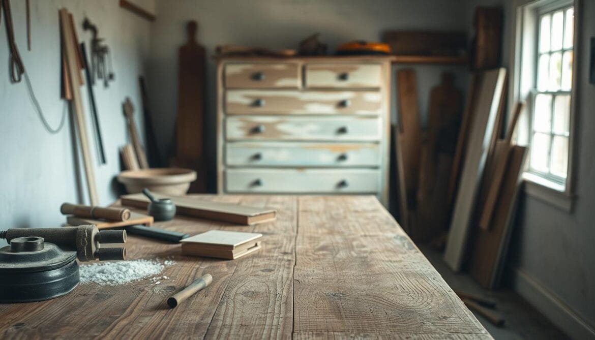 Eine abgenutzte hölzerne Werkbank in einer gemütlichen, gut beleuchteten Werkstatt. Alte Werkzeuge und Schmirgelpapier sind ordentlich aufgereiht und deuten auf den Prozess der Möbelaufarbeitung hin. Das weiche, diffuse Licht wirft sanfte Schatten und schafft eine warme, einladende Atmosphäre. Die Oberfläche der Werkbank ist leicht beschädigt, was auf den verwitterten Vintage-Charakter der Projekte hinweist, die sie bereits gesehen hat. Im Hintergrund steht eine abgenutzte Kommode oder ein abgenutzter Schrank, dessen ursprüngliches Finish teilweise entfernt wurde, bereit für die Verwandlung in ein einzigartiges, wiederverwendetes Stück. Das Gesamtbild vermittelt ein Gefühl von handwerklichem Können, Kreativität und der Freude an der Wiederbelebung und Wiederverwendung abgenutzter Möbel.
