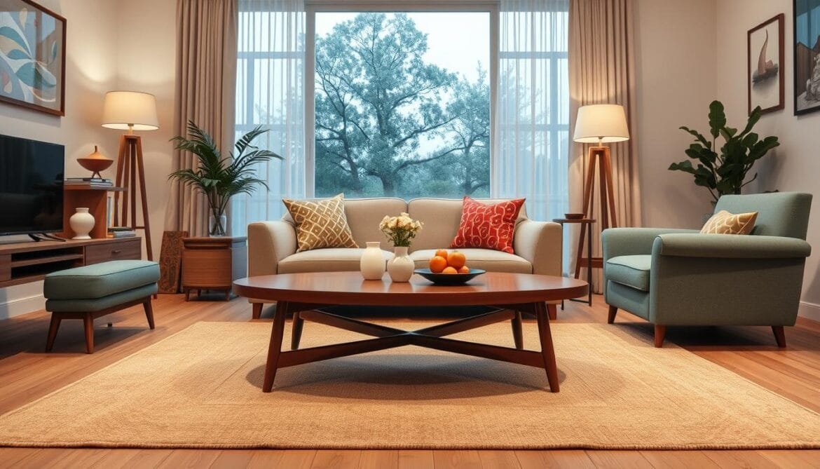Ein Nierentisch als Couchtisch in einem Retro-Wohnzimmer Ein Nierentisch als Couchtisch in einem Retro-Wohnzimmer