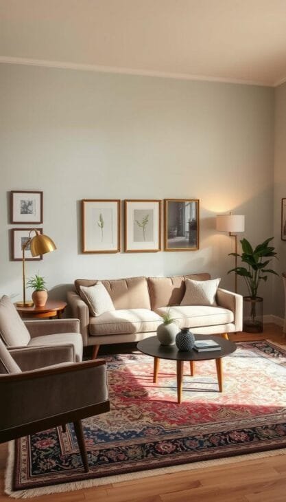 Elegant vintage living room with a harmonious blend of mid-century modern furniture and soothing pastel-colored walls. A plush velvet sofa and armchair in muted tones sit atop a vintage Persian-style rug. Wooden side tables and a sleek coffee table complete the cozy seating area. Warm lighting from a brass floor lamp casts a soft glow, highlighting the intricate patterns on the wall. Framed artworks and a potted plant add touches of organic nature. The overall mood is one of sophisticated comfort and timeless style. Elegant vintage living room with a harmonious blend of mid-century modern furniture and soothing pastel-colored walls. A plush velvet sofa and armchair in muted tones sit atop a vintage Persian-style rug. Wooden side tables and a sleek coffee table complete the cozy seating area. Warm lighting from a brass floor lamp casts a soft glow, highlighting the intricate patterns on the wall. Framed artworks and a potted plant add touches of organic nature. The overall mood is one of sophisticated comfort and timeless style.