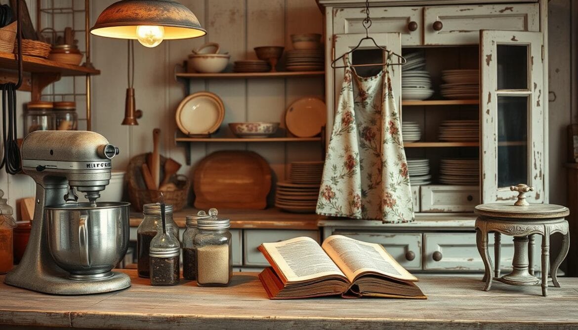 Küchengeräte im Shabby Chic Stil: A rustic, vintage-inspired kitchen featuring an assortment of weathered, distressed appliances and utensils. In the foreground, an old-fashioned mixer, a worn kettle, and a collection of antique spice jars sit atop a distressed wooden countertop. In the middle ground, a faded floral-patterned apron hangs from a lightly-rusted metal rack, while an ancient cookbook rests on a shabby chic side table. The background showcases a set of shabbily-chic cabinets, their paint chipped and faded, with a collection of mismatched, vintage-inspired plates and bowls displayed within. Soft, warm lighting from a rustic pendant fixture casts a cozy, inviting glow over the scene, evoking a sense of nostalgia and charm. Küchengeräte im Shabby Chic Stil: Eine rustikale, vintage-inspirierte Küche mit einer Auswahl verwitterter, veralteter Geräte und Utensilien. Im Vordergrund stehen ein altmodischer Mixer, ein abgenutzter Wasserkocher und eine Sammlung antiker Gewürzdosen auf einer abgenutzten Holzarbeitsplatte. Im Mittelgrund hängt eine verblichene Schürze mit Blumenmuster an einem leicht verrosteten Metallgestell, während ein altes Kochbuch auf einem schäbigen Beistelltisch liegt. Der Hintergrund zeigt eine Reihe schäbig-schicker Schränke, deren Farbe abgeplatzt und verblasst ist und in denen eine Sammlung nicht zusammenpassender Teller und Schüsseln im Vintage-Stil steht. Die weiche, warme Beleuchtung einer rustikalen Hängeleuchte wirft ein gemütliches, einladendes Licht auf die Szene und vermittelt ein Gefühl von Nostalgie und Charme.