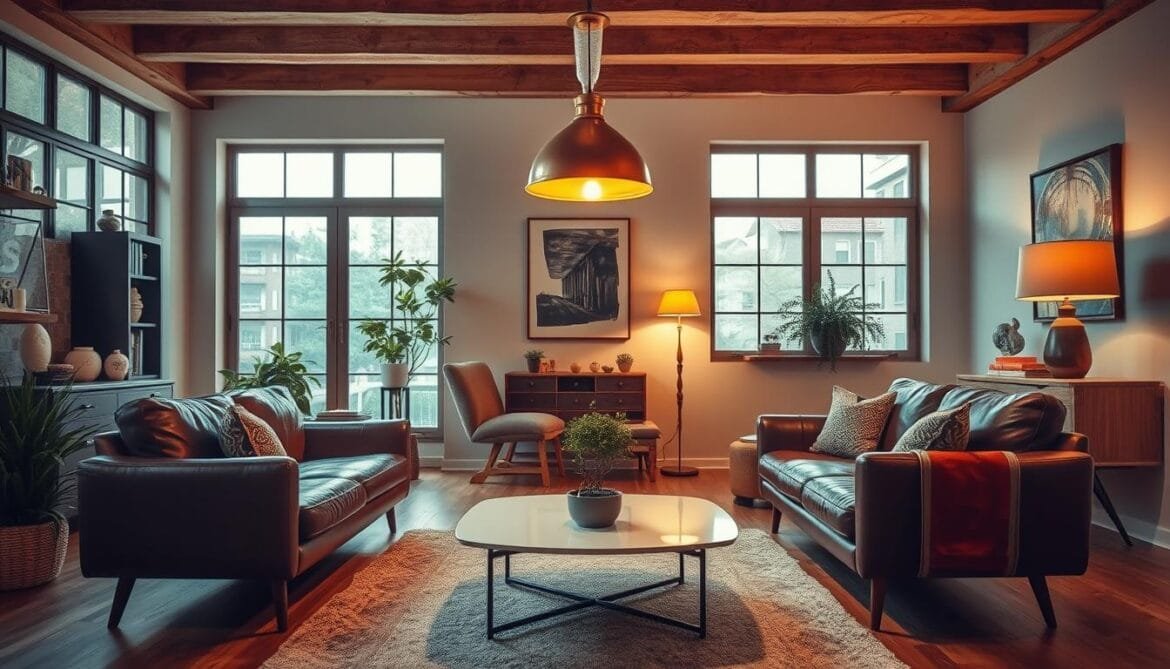 Prompt A harmonious blend of vintage and modern elements, showcasing a cozy living room. In the foreground, a mid-century modern sofa in rich leather stands in contrast to a sleek, minimalist coffee table. Hanging above, a brass pendant lamp casts a warm, ambient glow. The middle ground features a mix of classic and contemporary decor, with a vintage armchair, a potted plant, and a modern abstract painting on the wall. The background reveals large windows, allowing natural light to filter in and create a sense of openness. The overall composition strikes a balance between the old and the new, creating a visually striking and inviting space. Prompt Eine harmonische Mischung aus Vintage- und modernen Elementen, die ein gemütliches Wohnzimmer zeigt. Im Vordergrund steht ein modernes Sofa aus der Mitte des Jahrhunderts in edlem Leder im Kontrast zu einem schlichten, minimalistischen Couchtisch. Darüber hängt eine Pendelleuchte aus Messing, die ein warmes, stimmungsvolles Licht abgibt. Der Mittelgrund bietet eine Mischung aus klassischem und zeitgenössischem Dekor, mit einem Vintage-Sessel, einer Topfpflanze und einem modernen abstrakten Gemälde an der Wand. Im Hintergrund sind große Fenster zu sehen, durch die natürliches Licht einfällt und ein Gefühl von Offenheit vermittelt. Die Gesamtkomposition schafft ein Gleichgewicht zwischen Altem und Neuem und schafft so einen visuell auffälligen und einladenden Raum.