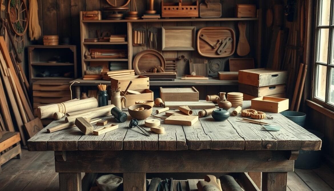 Retro DIY Holzaccessoires: A rustic still life featuring handcrafted wooden items in a warm, vintage setting. A weathered wooden table or workbench serves as the focal point, showcasing an assortment of tools, materials, and partially completed projects. Soft, diffused lighting from a nearby window casts gentle shadows, accentuating the natural textures and imperfections of the aged wood. In the background, shelves or a wall display an array of finished DIY home decor pieces, such as wooden boxes, trays, or wall hangings, each with a unique, handmade charm. The overall atmosphere evokes a sense of nostalgia, creativity, and the tactile pleasures of traditional craftsmanship. Retro DIY Holzaccessoires: Ein rustikales Stillleben mit handgefertigten Holzartikeln in einem warmen Vintage-Setting. Ein verwitterter Holztisch oder eine Werkbank dient als Mittelpunkt, auf dem ein Sortiment von Werkzeugen, Materialien und teilweise fertiggestellten Projekten präsentiert wird. Weiches, diffuses Licht aus einem nahe gelegenen Fenster wirft sanfte Schatten, die die natürlichen Strukturen und Unebenheiten des gealterten Holzes betonen. Im Hintergrund zeigen Regale oder eine Wand eine Reihe von fertigen DIY-Dekorationsstücken wie Holzkisten, Tabletts oder Wandbehänge, jedes mit einem einzigartigen, handgefertigten Charme. Die Gesamtatmosphäre weckt ein Gefühl von Nostalgie, Kreativität und dem haptischen Vergnügen traditioneller Handwerkskunst.