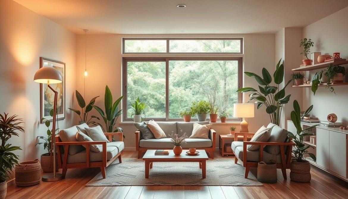 Retro-inspired futuristic living room in natural, sustainable materials. Warm, cozy lighting from a vintage-style floor lamp and tabletop lamps. Midcentury-modern sofa and armchair in neutral tones. Wooden side tables, shelves, and accent pieces. Lush potted plants and natural textures throughout. Large window overlooking a serene, verdant outdoor scene. Minimalist, harmonious atmosphere evoking nostalgia and environmental consciousness. Retro-inspiriertes, futuristisches Wohnzimmer aus natürlichen, nachhaltigen Materialien. Warme, gemütliche Beleuchtung durch eine Stehlampe im Vintage-Stil und Tischlampen. Modernes Midcentury-Sofa und Sessel in neutralen Tönen. Beistelltische, Regale und Akzentteile aus Holz. Üppige Topfpflanzen und natürliche Texturen überall. Großes Fenster mit Blick auf eine heitere, grüne Außenlandschaft. Minimalistische, harmonische Atmosphäre, die Nostalgie und Umweltbewusstsein weckt.