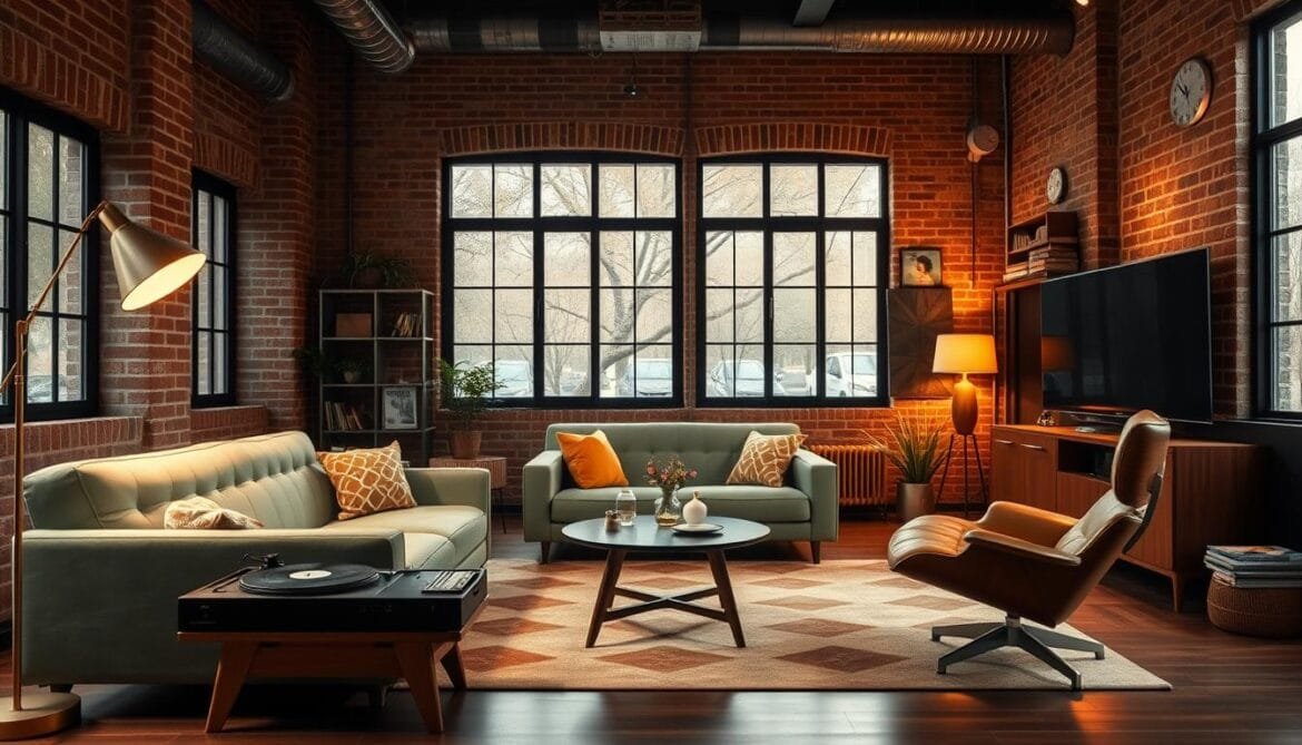 Retro living room with mid-century modern furniture, geometric patterns, and warm lighting. A sleek, tufted sofa in sage green anchors the space, paired with a classic Eames-inspired lounge chair. A vintage record player and stack of LPs in the corner add to the retro ambiance. Exposed brick walls and large windows provide an industrial-chic contrast. Soft, ambient lighting from a brass arc lamp and tabletop lamps creates a cozy, inviting atmosphere. Pops of mustard yellow and terracotta accents tie the modern and vintage elements together harmoniously. The overall look is a thoughtful blend of eras, celebrating the beauty of old and new in perfect harmony. Retro-Wohnzimmer mit modernen Möbeln aus der Mitte des Jahrhunderts, geometrischen Mustern und warmer Beleuchtung. Ein elegantes, getuftetes Sofa in Salbeigrün bildet den Mittelpunkt des Raums, gepaart mit einem klassischen, von den Eames inspirierten Lounge-Sessel. Ein alter Plattenspieler und ein Stapel LPs in der Ecke tragen zum Retro-Ambiente bei. Freigelegte Ziegelwände und große Fenster sorgen für einen industriell anmutenden Kontrast. Die sanfte, stimmungsvolle Beleuchtung durch eine Bogenlampe aus Messing und Tischlampen schafft eine gemütliche, einladende Atmosphäre. Senfgelbe und terrakottafarbene Akzente verbinden die modernen und Vintage-Elemente harmonisch miteinander. Das Gesamtbild ist eine durchdachte Mischung aus verschiedenen Epochen und zelebriert die Schönheit von Alt und Neu in perfekter Harmonie.