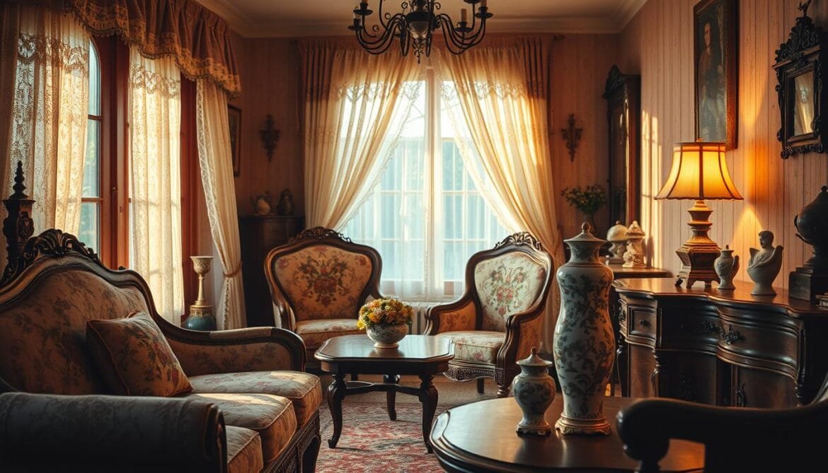 Vintage Deko: A timeless visual symphony in a retro-inspired setting. Ornate antique furniture casts gentle shadows across a cozy room, illuminated by warm, golden light filtering through lace curtains. Intricate floral patterns adorn delicate porcelain vases, complementing the weathered wooden accents and tarnished brass decor. Nostalgic trinkets and keepsakes dot the scene, evoking a sense of bygone eras. The atmosphere is one of tranquil elegance, a harmonious blend of the past and present that transports the viewer to a bygone era. A classic and captivating vintage aesthetic, perfectly capturing the essence of "Der Einfluss vergangener Jahrzehnte". Vintage-Deko: Eine zeitlose visuelle Sinfonie in einem retro-inspirierten Ambiente. Verschnörkelte antike Möbel werfen sanfte Schatten in einen gemütlichen Raum, der von warmem, goldenem Licht erhellt wird, das durch Spitzenvorhänge fällt. Verschlungene Blumenmuster zieren zarte Porzellanvasen, die zu den verwitterten Holzakzenten und dem angeschlagenen Messingdekor passen. Nostalgische Schmuckstücke und Erinnerungsstücke verstreuen sich über die ganze Szenerie und erwecken das Gefühl vergangener Epochen. Die Atmosphäre ist von ruhiger Eleganz, eine harmonische Mischung aus Vergangenheit und Gegenwart, die den Betrachter in eine vergangene Ära entführt. Eine klassische und fesselnde Vintage-Ästhetik, die die Essenz von "Der Einfluss vergangener Jahrzehnte" perfekt einfängt.