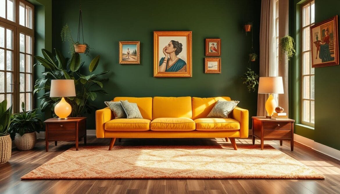 Vintage retro living room with a vibrant color palette. A mid-century modern sofa in a rich mustard yellow sits atop a plush, geometric patterned rug. Teak wood side tables flank the sofa, adorned with sculptural table lamps casting a warm, ambient glow. The walls are painted in a deep, earthy green, complemented by hanging plants and vintage wall art in gilded frames. Large windows let in natural light, illuminating the space and creating a cozy, inviting atmosphere. The overall effect is a harmonious blend of retro aesthetics and contemporary comforts, perfect for a relaxing vintage-inspired living room. Retro-Wohnzimmer im Vintage-Stil mit einer lebhaften Farbpalette. Ein modernes Sofa aus der Mitte des Jahrhunderts in sattem Senfgelb steht auf einem plüschigen, geometrisch gemusterten Teppich. Das Sofa wird von Beistelltischen aus Teakholz flankiert, die mit skulpturalen Tischlampen geschmückt sind, die ein warmes, stimmungsvolles Licht verbreiten. Die Wände sind in einem tiefen, erdigen Grün gestrichen, das durch hängende Pflanzen und alte Wandkunst in vergoldeten Rahmen ergänzt wird. Große Fenster lassen natürliches Licht herein, erhellen den Raum und schaffen eine gemütliche, einladende Atmosphäre. Der Gesamteffekt ist eine harmonische Mischung aus Retro-Ästhetik und modernem Komfort, perfekt für ein entspannendes Wohnzimmer im Vintage-Stil.