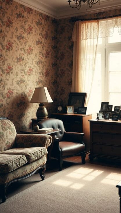 Warm, muted tones fill a cozy living room, bathed in soft, natural lighting. Vintage floral wallpaper adorns the walls, complemented by plush, patterned upholstery on a mid-century styled sofa. An ornate, wooden side table stands beside a worn, leather armchair, topped with a retro-inspired table lamp. In the corner, a wooden chest of drawers displays an array of antique trinkets and frames. Sheer, lace curtains frame the windows, casting a gentle glow throughout the space. The overall atmosphere evokes a sense of timeless elegance and nostalgic charm. Warm, muted tones fill a cozy living room, bathed in soft, natural lighting. Vintage floral wallpaper adorns the walls, complemented by plush, patterned upholstery on a mid-century styled sofa. An ornate, wooden side table stands beside a worn, leather armchair, topped with a retro-inspired table lamp. In the corner, a wooden chest of drawers displays an array of antique trinkets and frames. Sheer, lace curtains frame the windows, casting a gentle glow throughout the space. The overall atmosphere evokes a sense of timeless elegance and nostalgic charm.