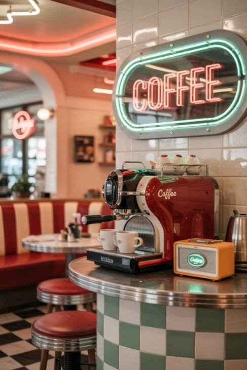 50er-Jahre-Diner mit sprachgesteuertem Kaffeeautomaten.