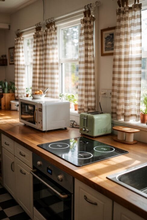 Smart-Home Gadgets Retro: Checkerboard-Flooring mit kabellosen Ladepads in Retro-Küche.