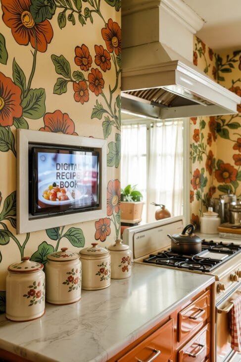 Vintage-Küchen Ideen: Blumige 60er-Jahre-Tapete mit Digitalen-Kochbuch-Display auf der Wand.