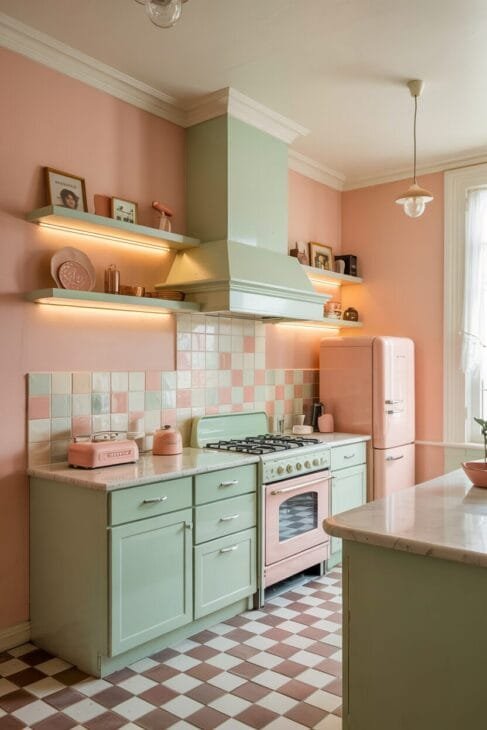 Retro-Küchen Ideen: Mintgrüne Schränke mit smarten LED-Streifen im 50er-Jahre-Design.