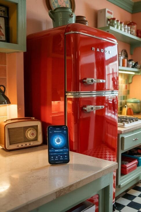 Vintage-Küchen Design: Roter Retro-Kühlschrank mit App-Steuerung und Chrom-Akzenten.
