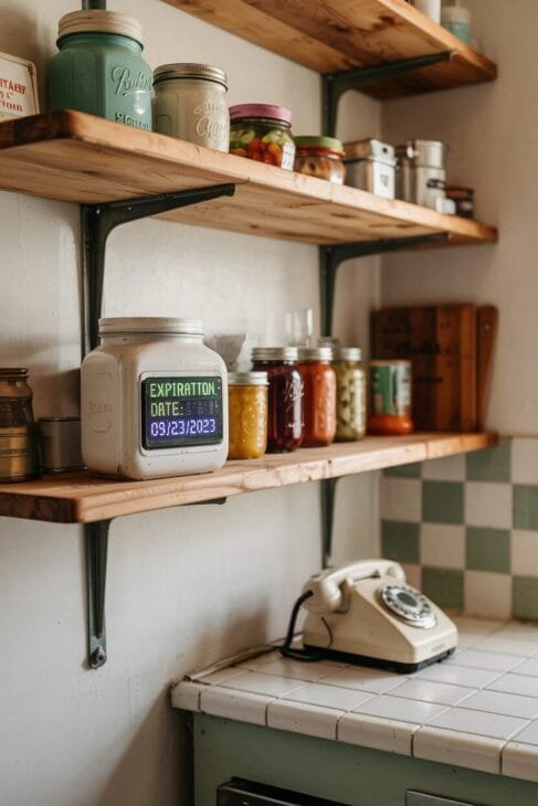DIY Retro-Küche: Holzregale mit digitalen Vorratsetiketten und Vintage-Dekoration.